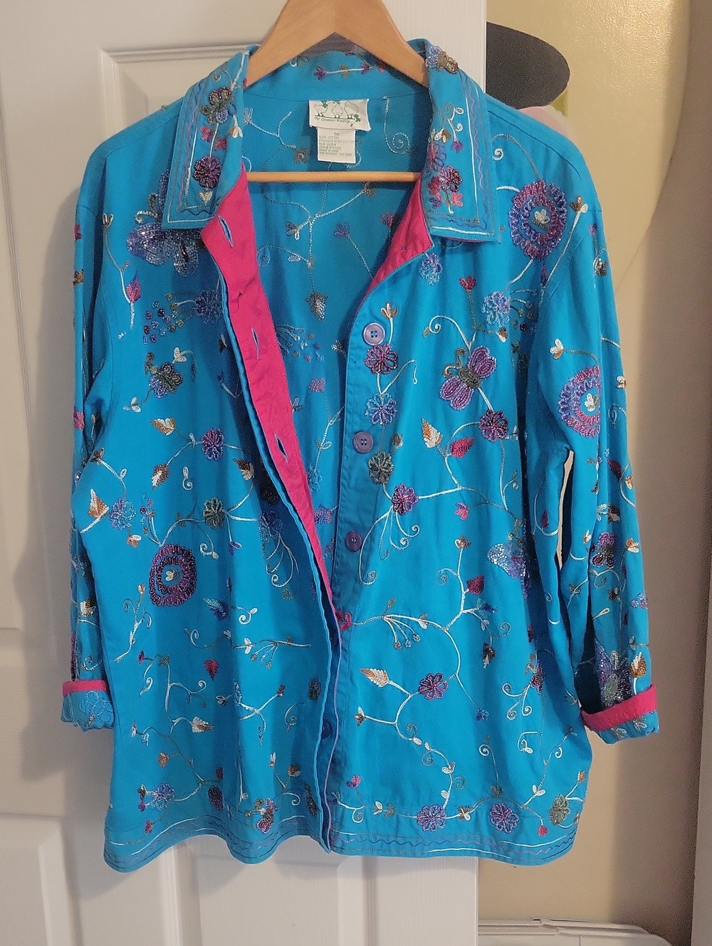Quacker Factory Cotton 1X Turquoise Jacket Pink Trim Floral Embroidery, sequins